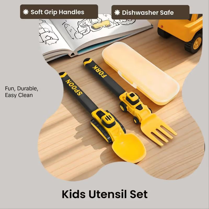 Construction Vehicle Kids Utensil Set | 3-Piece Feeding Set with Spoon, Fork & Storage Case | Soft Grip | Dishwasher Safe | Perfect for Travel & Home | Gift Set Utensils
