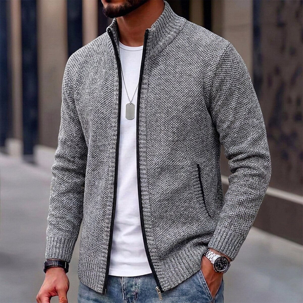 Fleece Ribbed Knit Zip Up Sweater