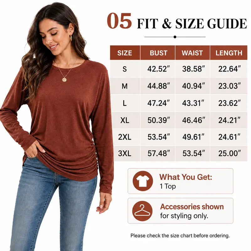 Womens Long Sleeve Shirts Ruched Hem Fall Tops Lightweight Sweaters