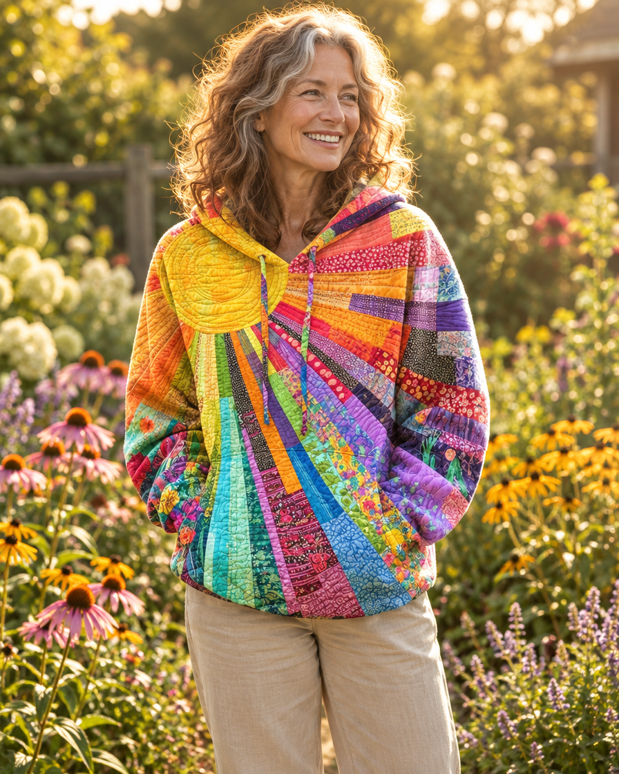 Women's Patchwork Sunburst Hoodie with Drawstring Hood – Relaxed Fit