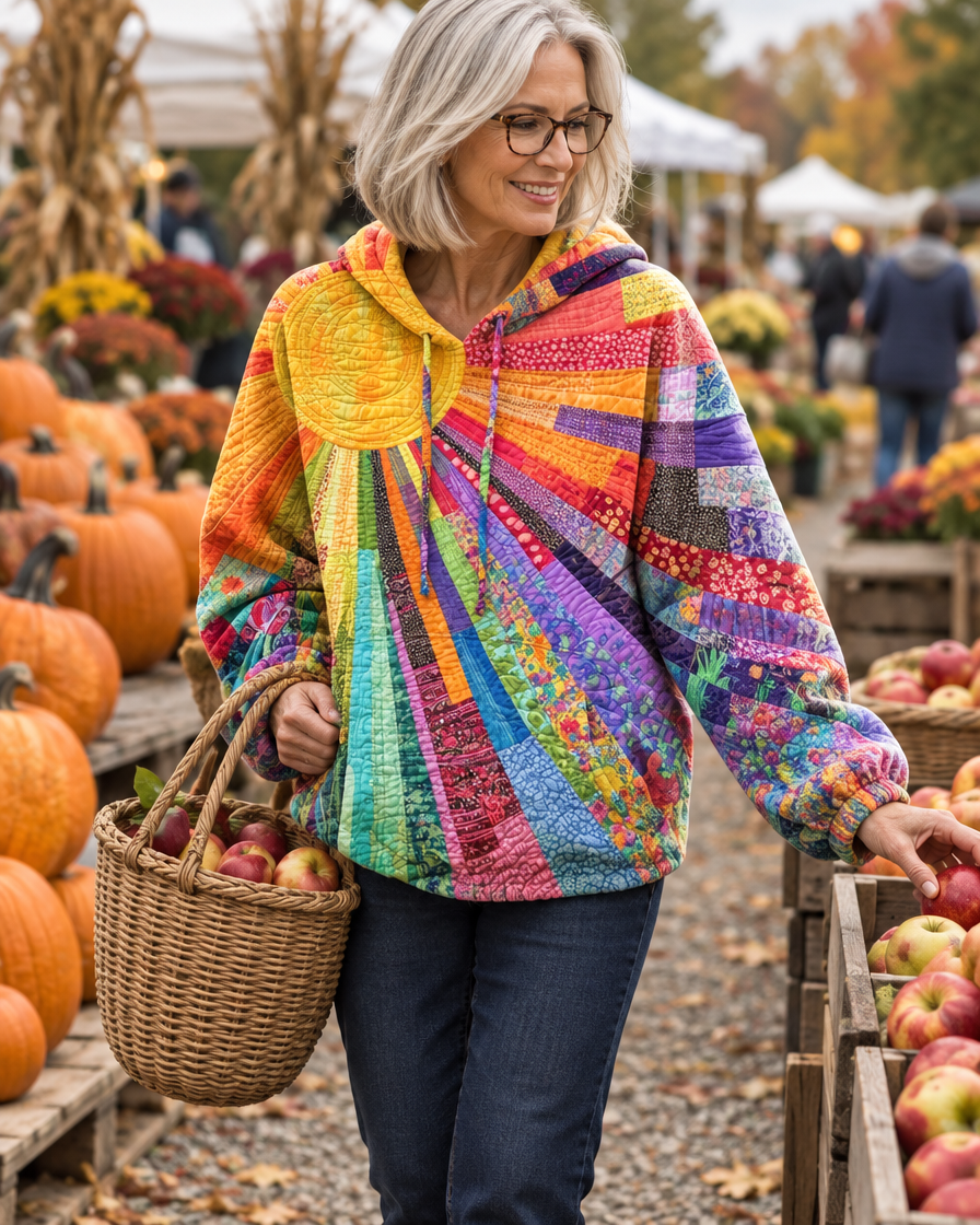 Women's Patchwork Sunburst Hoodie with Drawstring Hood – Relaxed Fit