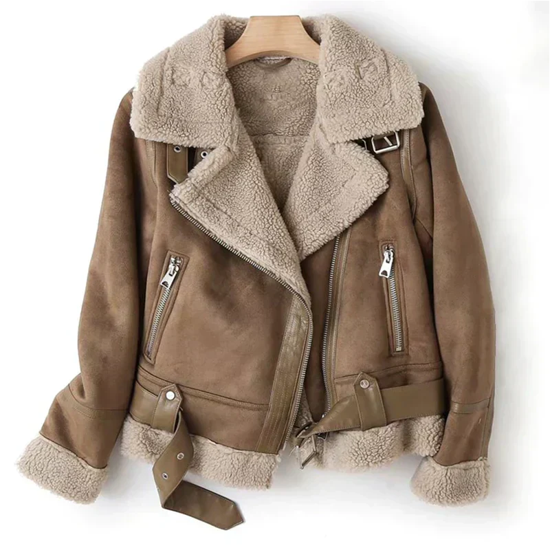 Women's Sherpa-Lined Leather Jacket – Warm Biker Style for Autumn and Winter