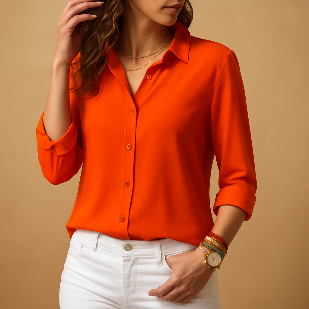 Women’s long sleeve v-neck elegant blouse with button closure and a slim fit, suitable for everyday wear, work, and evening occasions.
