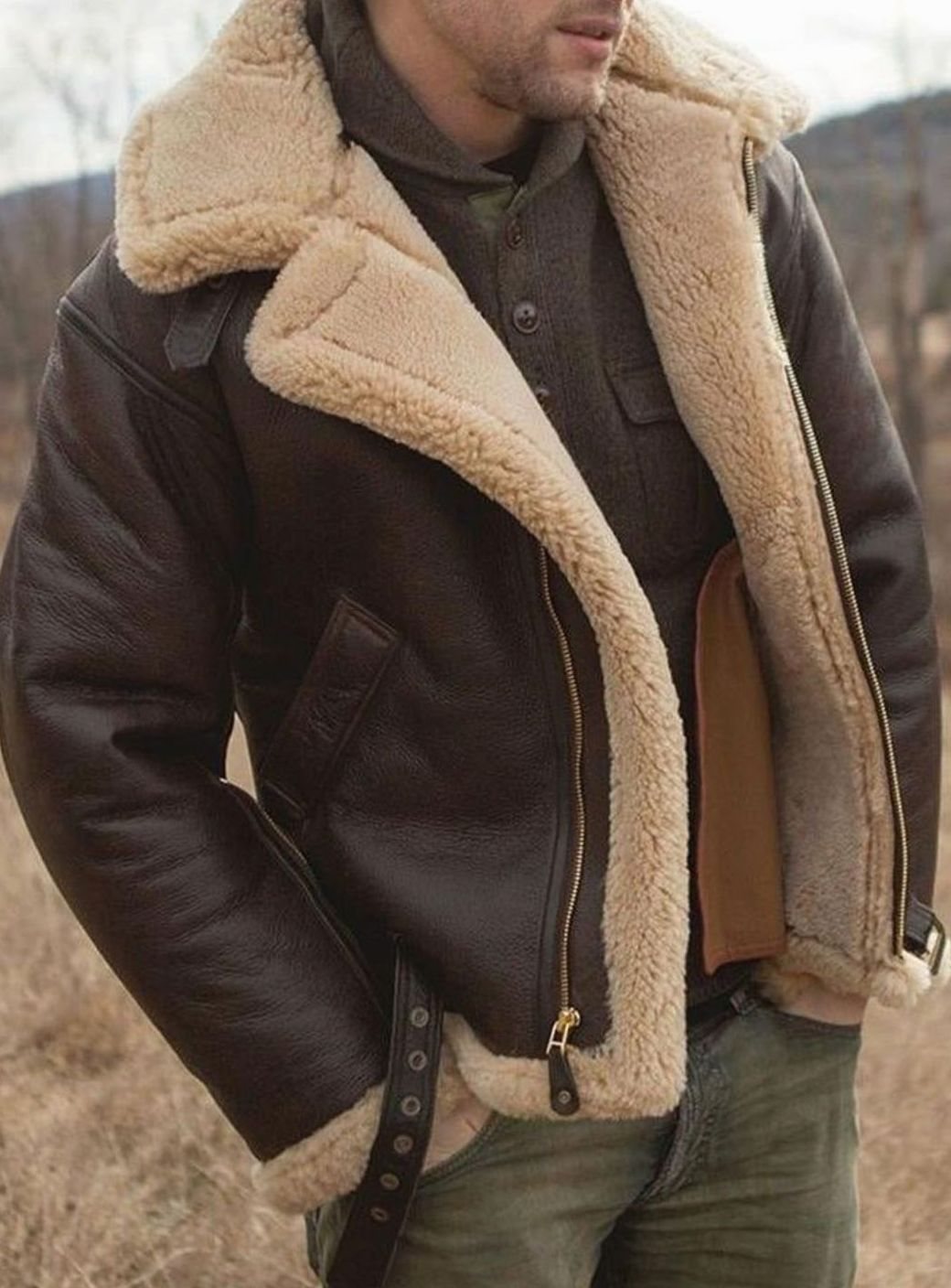 Men's Shearling-Lined Zip-Up Aviator Leather Jacket
