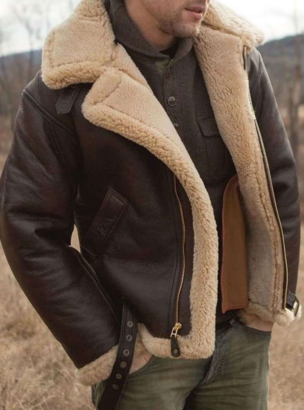 Men's Shearling-Lined Zip-Up Aviator Leather Jacket