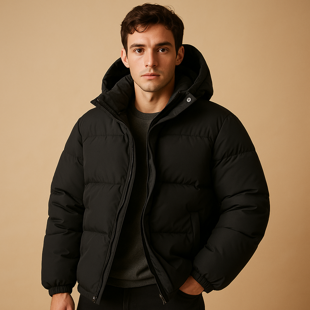 Men’s modern puffer jacket with hood and quilted insulation, lightweight and breathable, suitable for daily wear, travel, and winter outdoor activities.