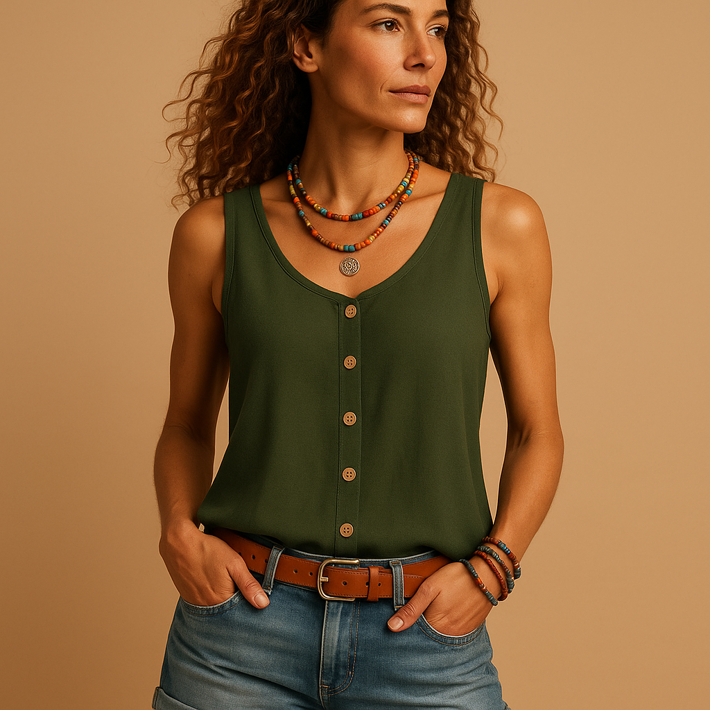 Sleeveless V-neck top for women with a relaxed fit and practical pockets, available in vibrant colors, perfect for casual summer outfits.