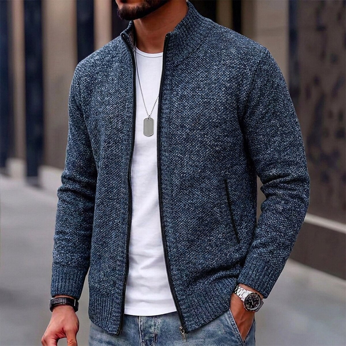 Fleece Ribbed Knit Zip Up Sweater