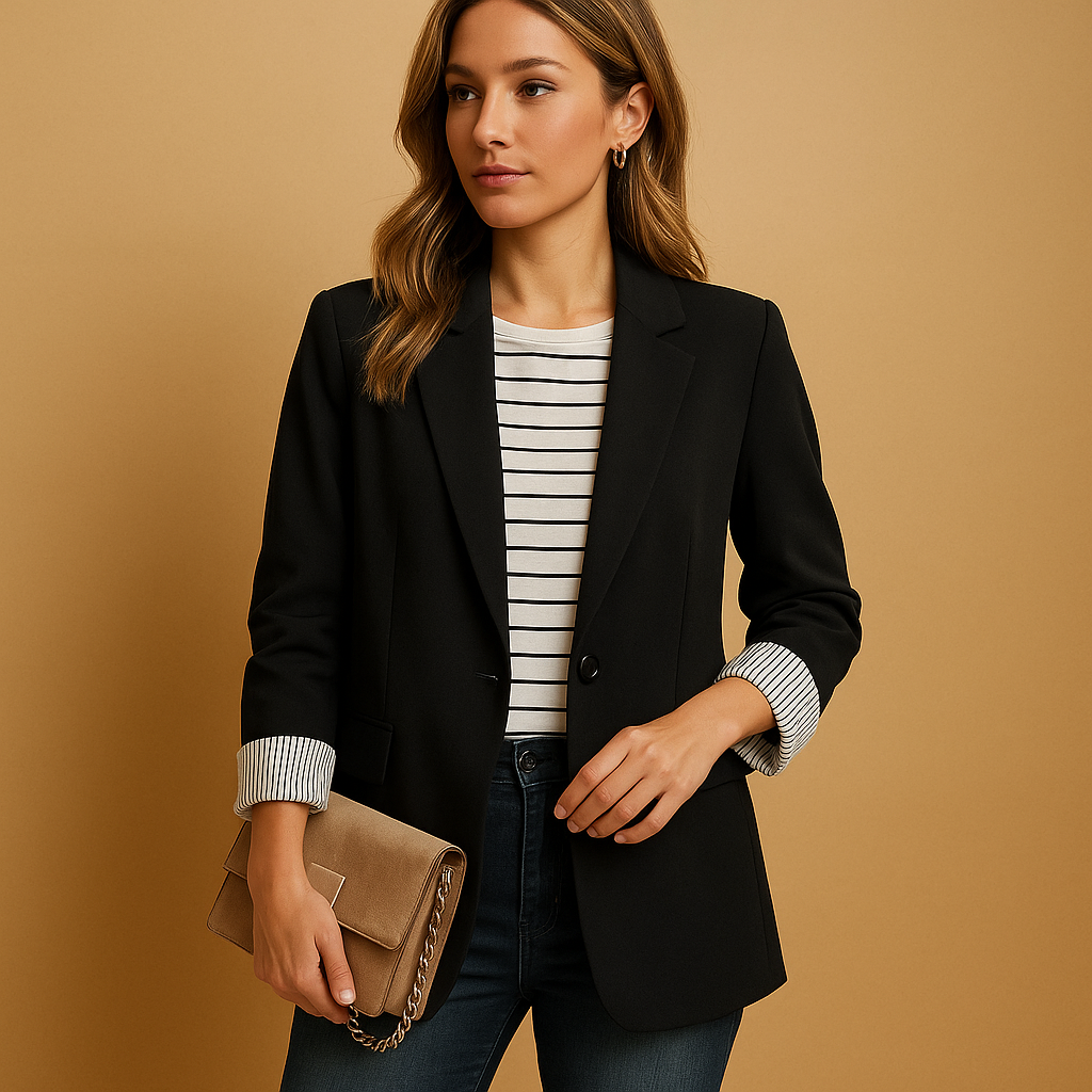 Tailored casual blazer for women with long sleeves and a lightweight design, ideal for work, everyday outfits, and all-season wear.