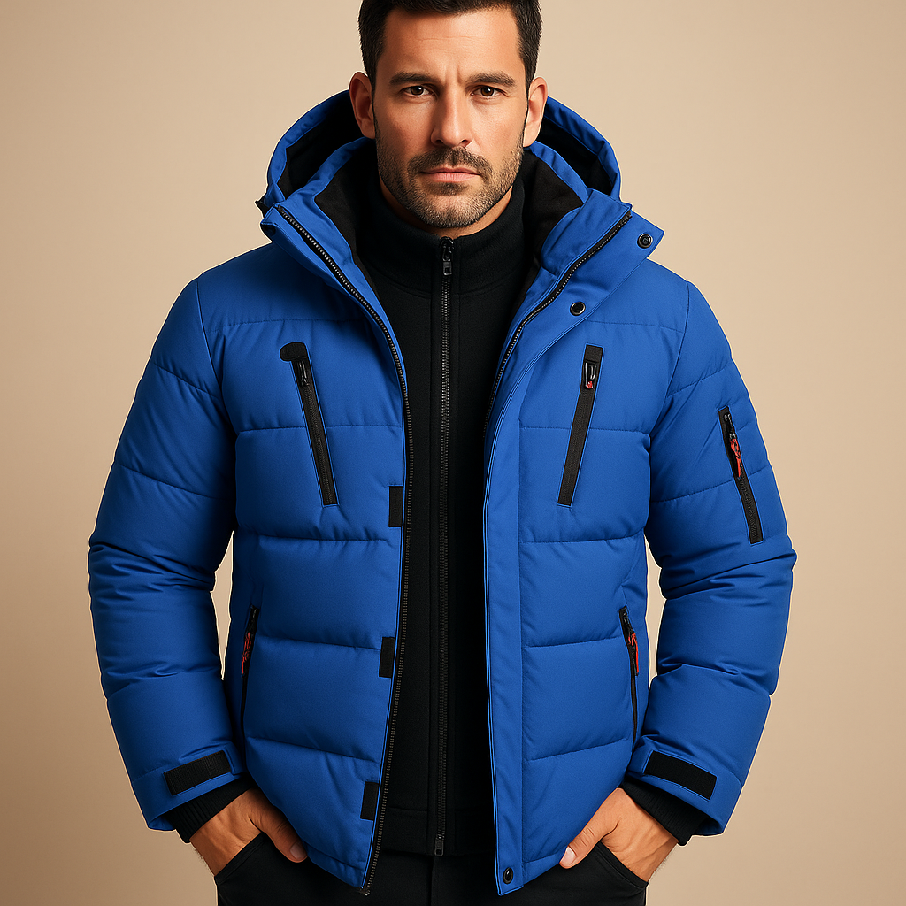 Men’s waterproof winter jacket with adjustable hood, insulating lining, and practical pockets, suitable for outdoor activities, commuting, and cold weather wear.