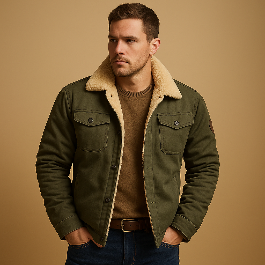 Men’s winter bomber jacket with ribbed cuffs and hem, insulating lining, and classic design, suitable for casual looks and winter outings.