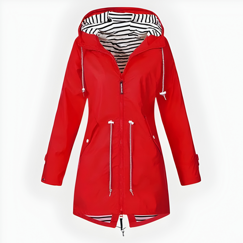 Women's Waterproof Rain Jacket with Drawstring Hood and Striped Lining